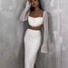 FY22396 Knitted Beaded Square Neck Long Sleeve And Short Set Spring Women's Sexy Crop Top Skirt_ecoleips.com