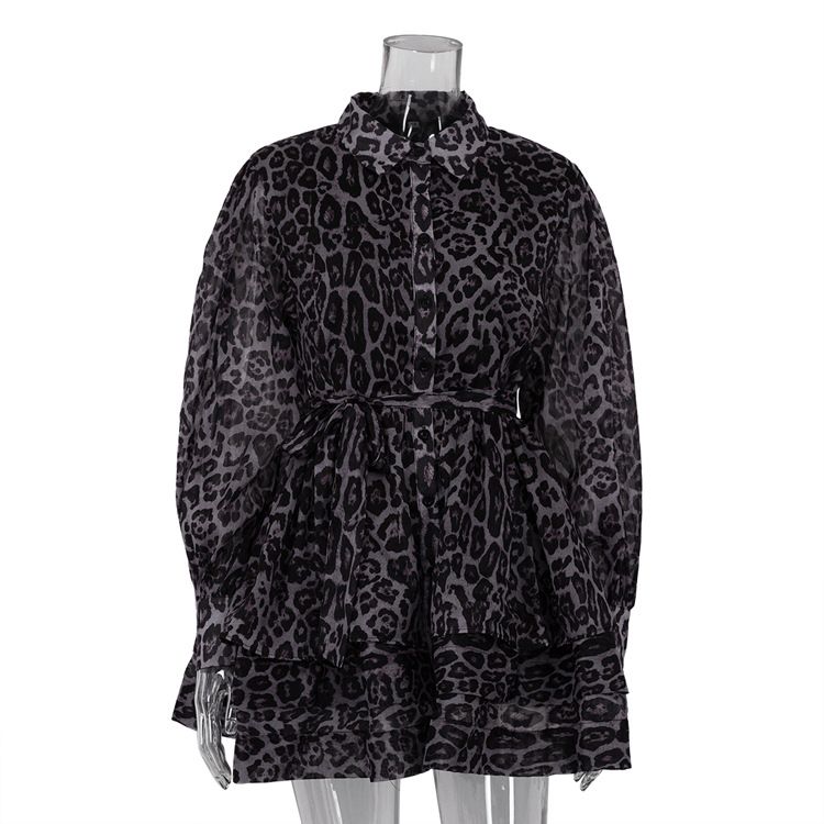 Women's Leopard Print Chiffon Long Sleeve Dress European American Street Style Lapel Puff Skirt Early Spring Cross Border Clothing_ecoleips.com
