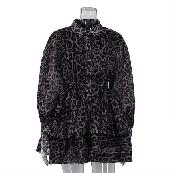 Women's Leopard Print Chiffon Long Sleeve Dress European American Street Style Lapel Puff Skirt Early Spring Cross Border Clothing_ecoleips.com