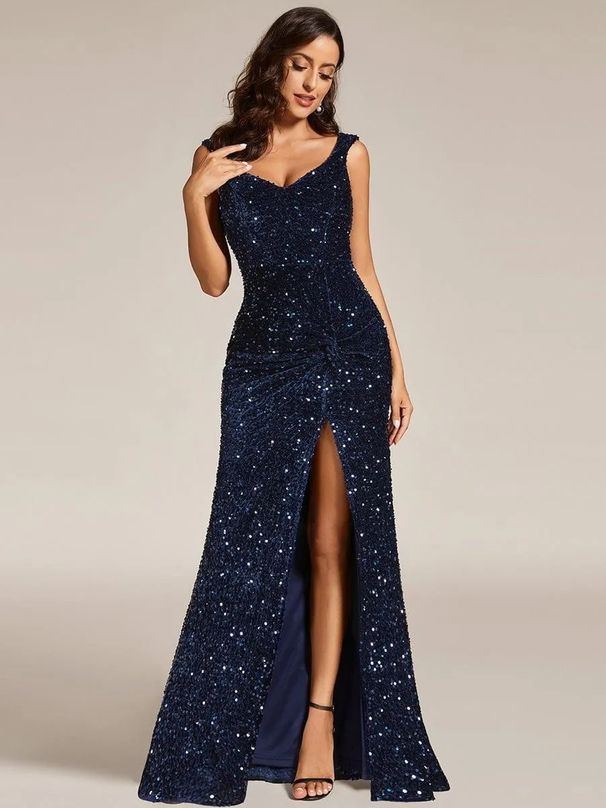 Women's Clothing Dresses Summer Elegant Sequined V Neck Sling Slit Celebrity Banquet Evening Dress_ecoleips.com
