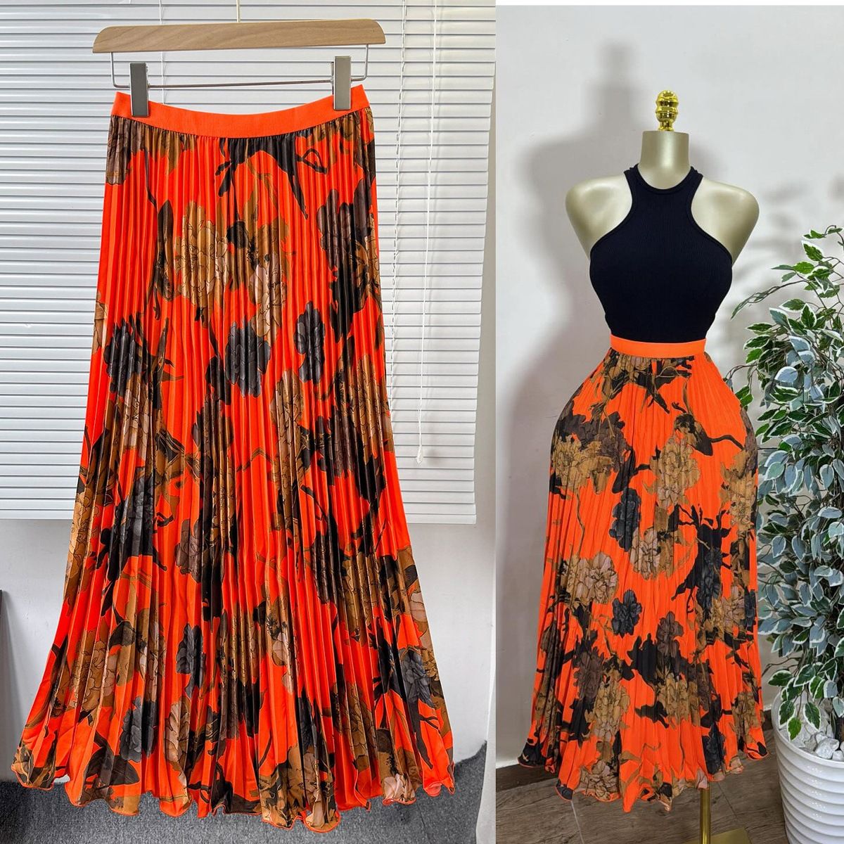 Floral Print A-Line Midi Skirt With Elastic Waist - Vintage-Inspired High Waist Pleated Skirt For Women_ecoleips.com