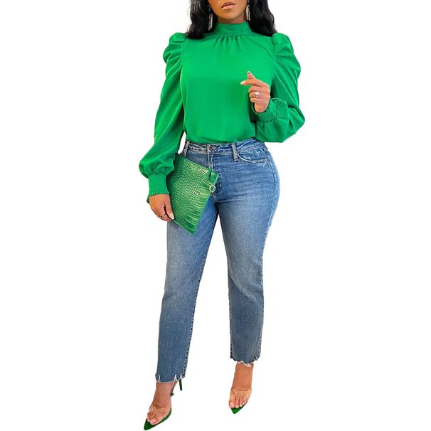 Women's Elegant Long Blouse Stand Collar Puff Sleeves Back Tie Detail Flowy Oversized Fit for Casual And Dressy Occasions 5 Colors S-XL_ecoleips.com