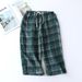 Loose Sleepwear Pant Summer Cropped Trousers Fashion Plaid Lounge Wear Pajama Pants Large Size Cotton Gauze Ladies Home Pant_ecoleips.com