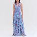 Elegant Floral Print Chiffon Tiered Halter Dress For Women, V-Neck Cake Layered Evening Gown Breathable Chiffon Fabric_ecoleips.com
