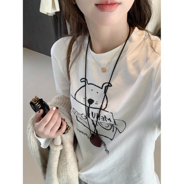 Slimming And Versatile Printed Long-Sleeved T-Shirt For Women, Loose Round-Neck Base Layer, Casual Top For Autumn And Wi_ecoleips.com