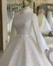 Women's Clothing Long Sleeved White Fluffy Tulle Palace Lace Muslim Wedding Dress_ecoleips.com