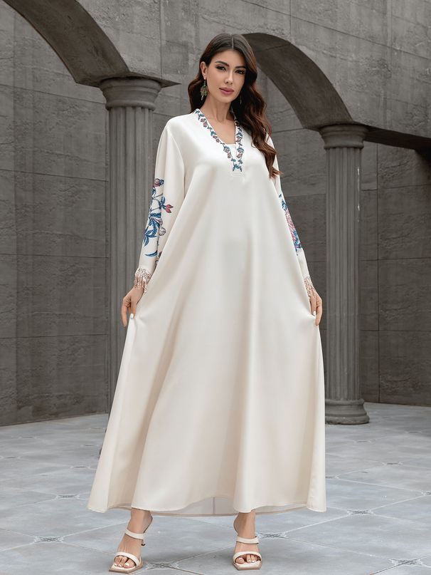 Modest Abaya Dress Muslim Women's Elegant V-Neck Embroidered Abaya With Tassels Fashionable Polyester Arabian Dress Middle East Style Robe_ecoleips.com