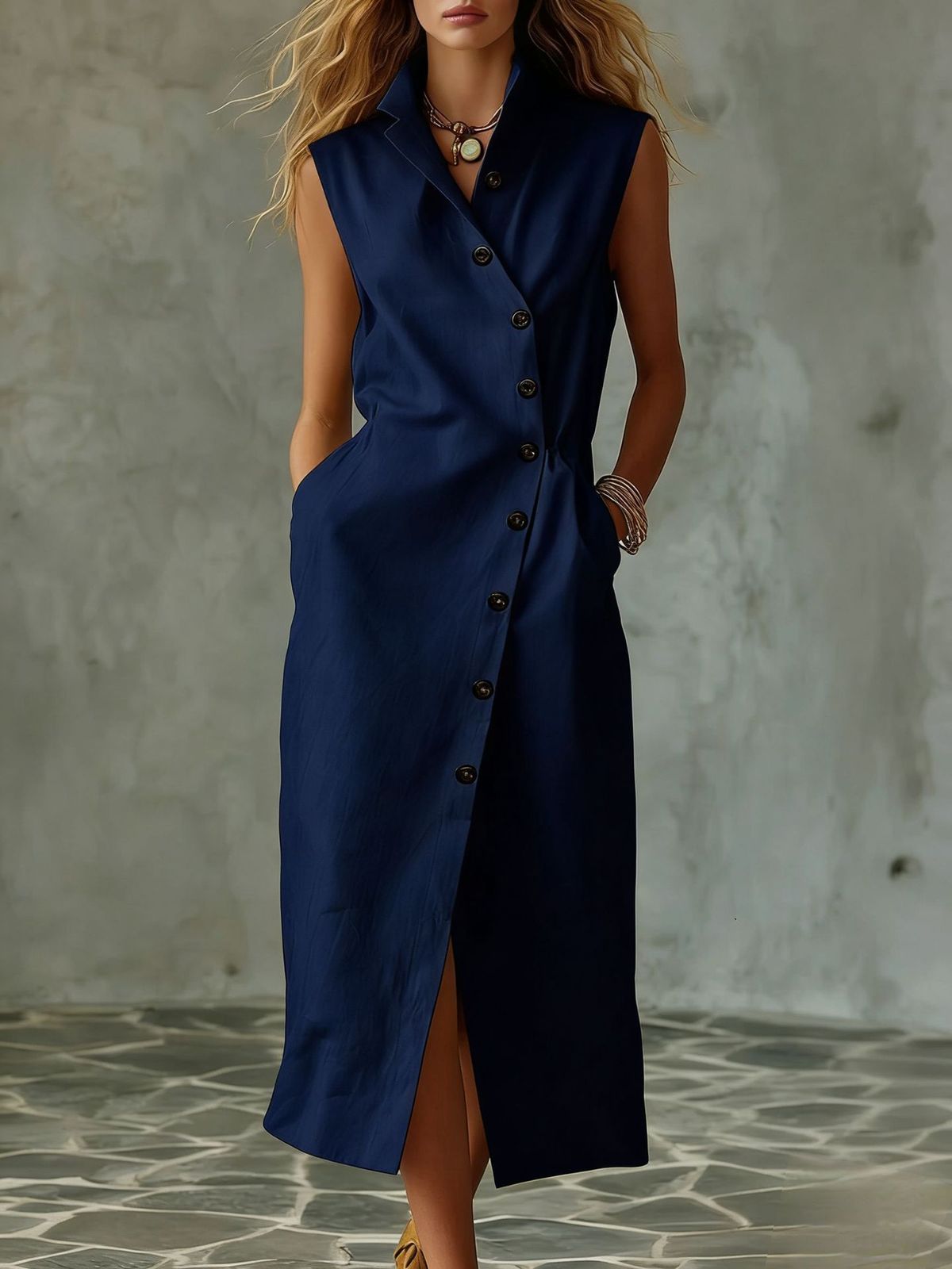 Women's Minimalist Sleeveless Dress Lapel Asymmetrical Button Down Breathable Loose Fit_ecoleips.com