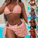 Women's Pink Floral Bikini Set Triangle Swimwear Strap Cross Style Bag Three Piece_ecoleips.com