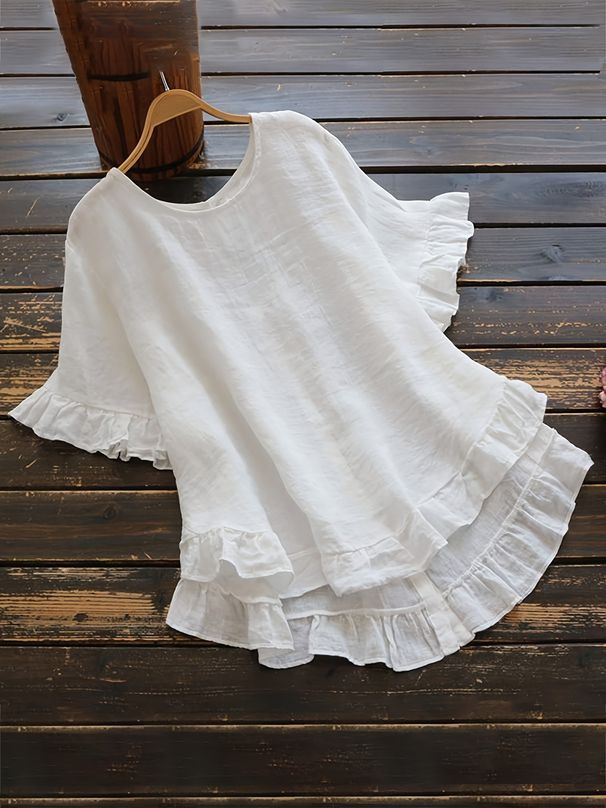Cross-border 2025 Summer New Solid Color Loose Ruffle Round Neck Short Sleeve Button Women's Blouse_ecoleips.com