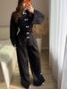 Women's Autumn/Winter Solid Color Shirt And Wide Leg Pants Set Casual Loose Fit European American Style with Buttons_ecoleips.com