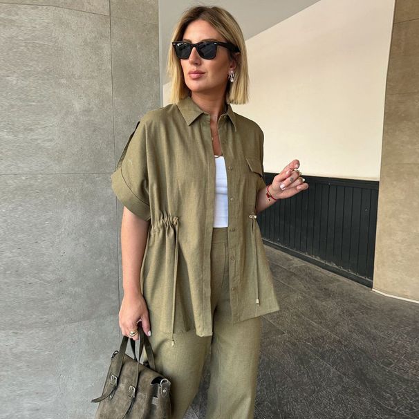 Women's Clothing Casual Workwear Style Drawstring Short Sleeved Shirt Fashion Trousers Two Piece Suit Women's Two Piece Suit_ecoleips.com