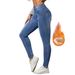 Women's Jeans Are Fashionable Versatile, Stretchy Casual Pants, Simple Slimming, Blue Fleece-lined Denim Trousers For_ecoleips.com