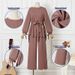 K Solid Color Drawstring Tie Two-piece Round Neck Top, Wide Leg Pants, Elegant Women's Suit_ecoleips.com