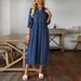 plus Size Women's Denim Stand Collar Button Dress Long Sleeve England Style Fashion for Summer Spring/Autumn_ecoleips.com