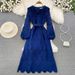 Elegant A-Line Knit Dress With Bow Collar – Chic Contrast Color Long Sleeve Dress For Women | Slimming Office & Party Wear_ecoleips.com