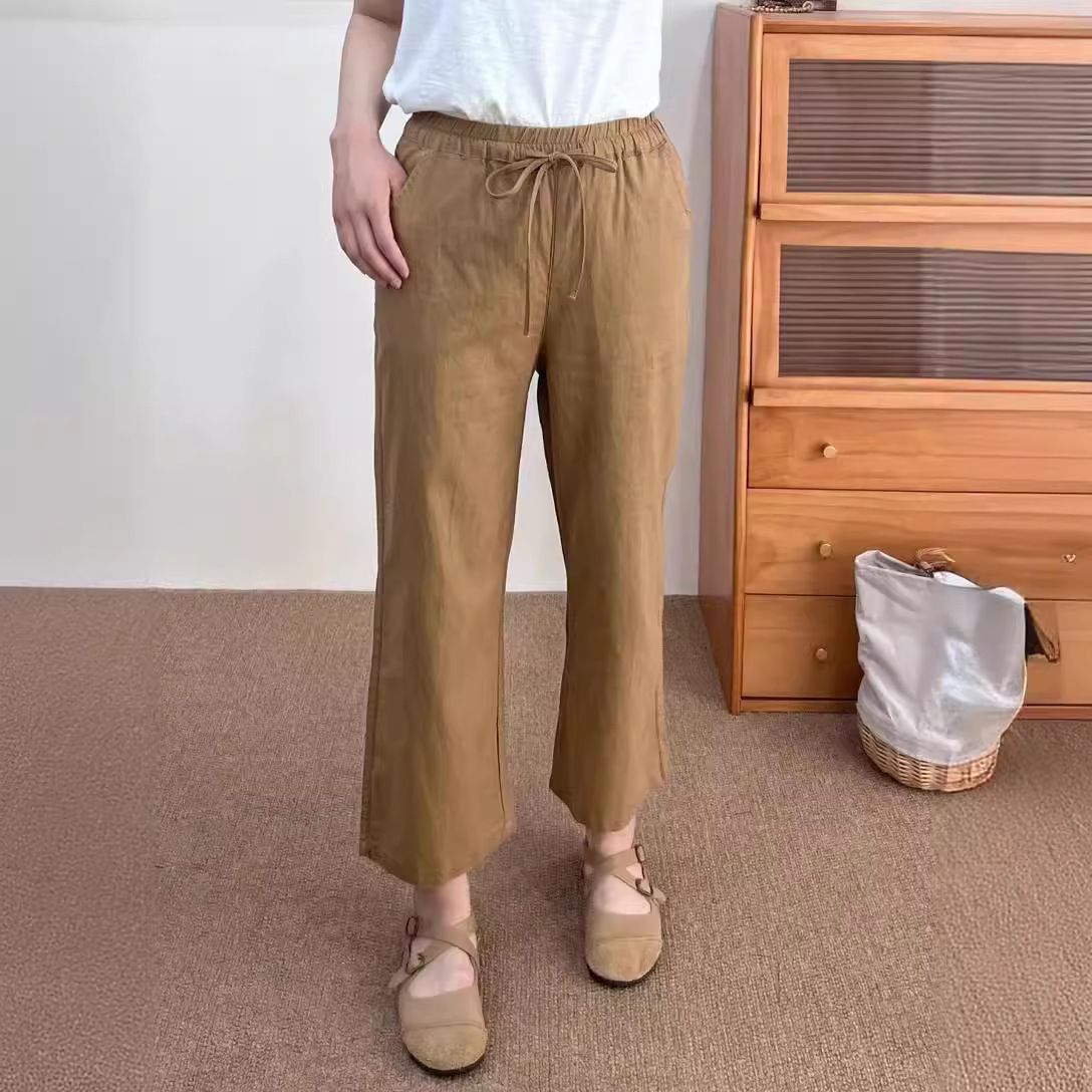 Suitable For All Seasons Comfortable High-Quality Elastic Waist Nine-Point Loose Solid Color Linen Simple Drawstring Casual Pants For Women_ecoleips.com