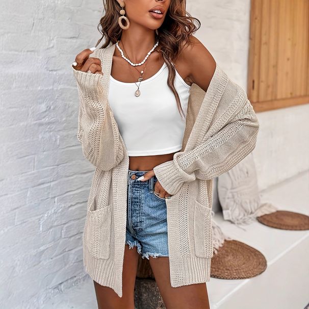 European American Cross-border Women's Fashion Knit Sweater Cardigan, Long-sleeved, Solid Color, Stylish And Versatile_ecoleips.com