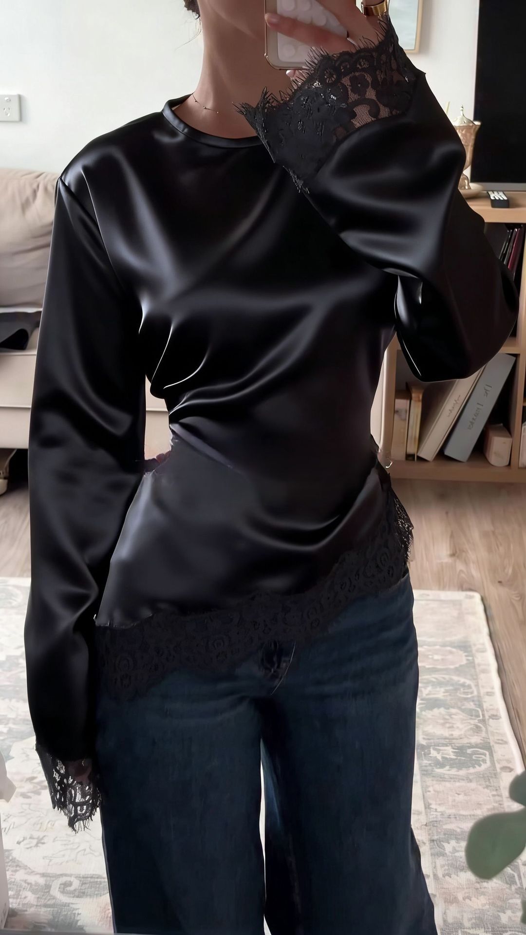 Women's Clothing Elegant Satin & Lace Blouse Women's Long Sleeve Tops For Office & Casual Wear_ecoleips.com