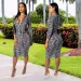 Women Fall Summer Elegant Print Slim High Waist Dress Office Lady Long Sleeve Midi Plaid V Neck Party_ecoleips.com