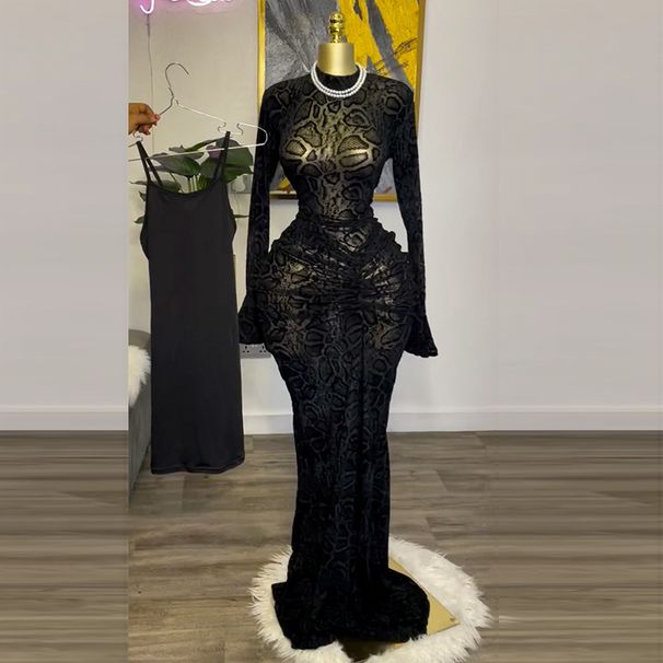 Women's Clothing New Style Elegant Half High Collar Lace Long Sleeves High Waist Hip One Step Skirt Long Skirt_ecoleips.com