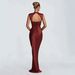 New 2026 European American Style Women's Satin Sleeveless Fishtail Gown Long Asymmetrical Cut Dress Bow Neck Waist Cinching Pleated Fit Bodycon Skirt_ecoleips.com