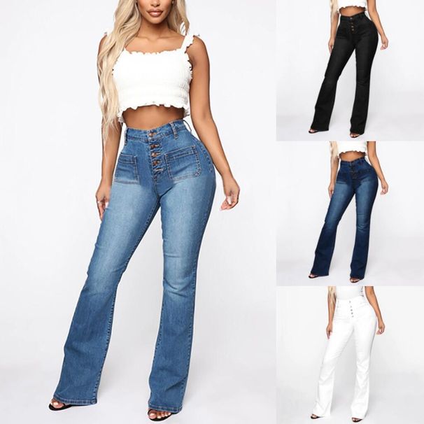 Women's Washed Denim Jeans With Button Pockets Button Detailing Casual Trousers_ecoleips.com