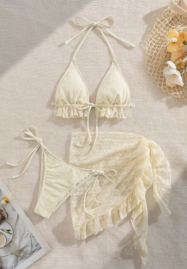 Women's Clothing New Sexy Backless Lace Swimsuit Female Strap Solid Color Three Piece Bikini_ecoleips.com