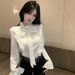 French-style Elegant Heavy-duty Rhinestone Bow Slim-fit Top For Women, Spring Stand-up Collar Bell-sleeve Ruffled_ecoleips.com