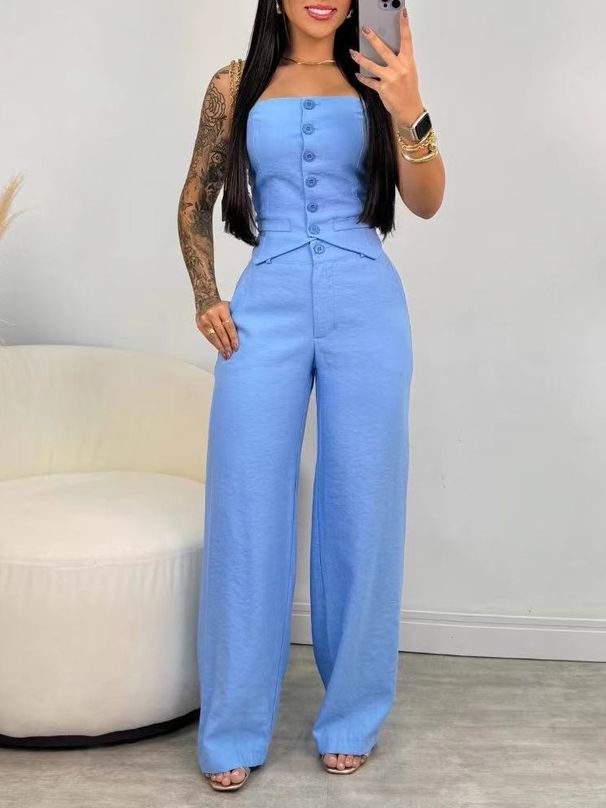 Cross-border Foreign Trade Fashion Two-piece Set, European And American Sexy Strapless Top With Solid Color Pants,_ecoleips.com