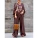 Women's Clothing Hot Selling Women's V Neck Cotton And Linen Printed Tops And Trousers Casual Suits_ecoleips.com