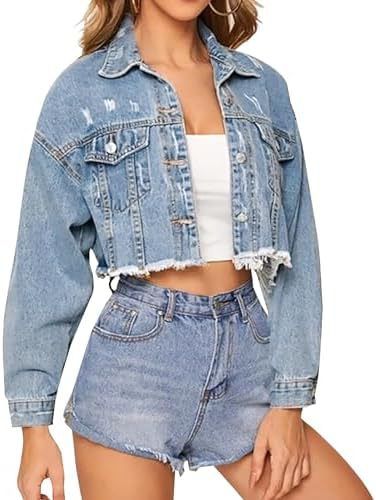 Women's Loose Fit Denim Jacket Fashionable Frayed Edges Short Ripped Style Casual_ecoleips.com