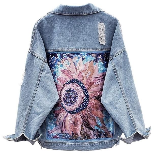 Women's Distressed Denim Jacket, Casual Loose Fit Ripped Jean Coat, Long Sleeve Button Down Trucker Jacket, Daily Streetwear Outwear For Spring Autumn_ecoleips.com
