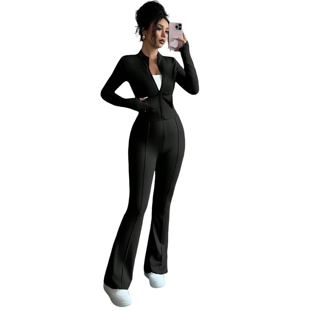 Voya Women's Black Slim Fit And Slimming Zipper Stand Up Collar Top, Slightly Flared Pants, Fashionable Two-piece Set For Women_ecoleips.com