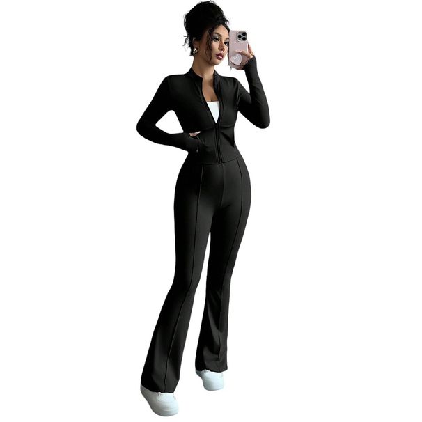 Voya Women's Black Slim Fit And Slimming Zipper Stand Up Collar Top, Slightly Flared Pants, Fashionable Two-piece Set For Women_ecoleips.com