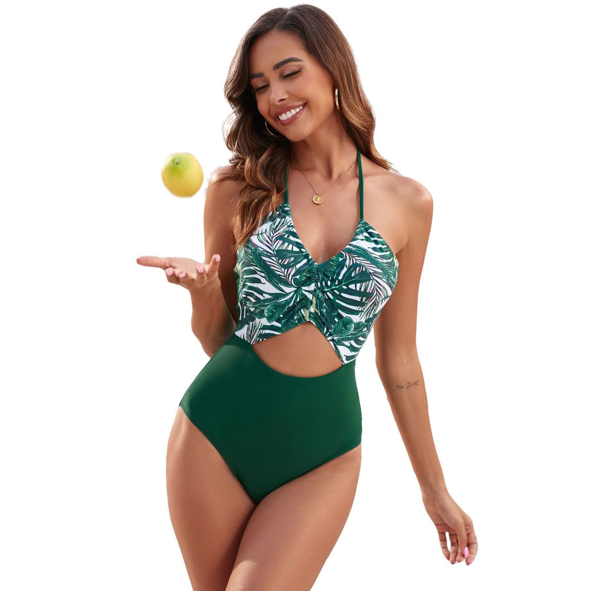 Women's Clothing One Piece Swimsuit Female Printed Splicing Leaf One Piece Swimsuit_ecoleips.com