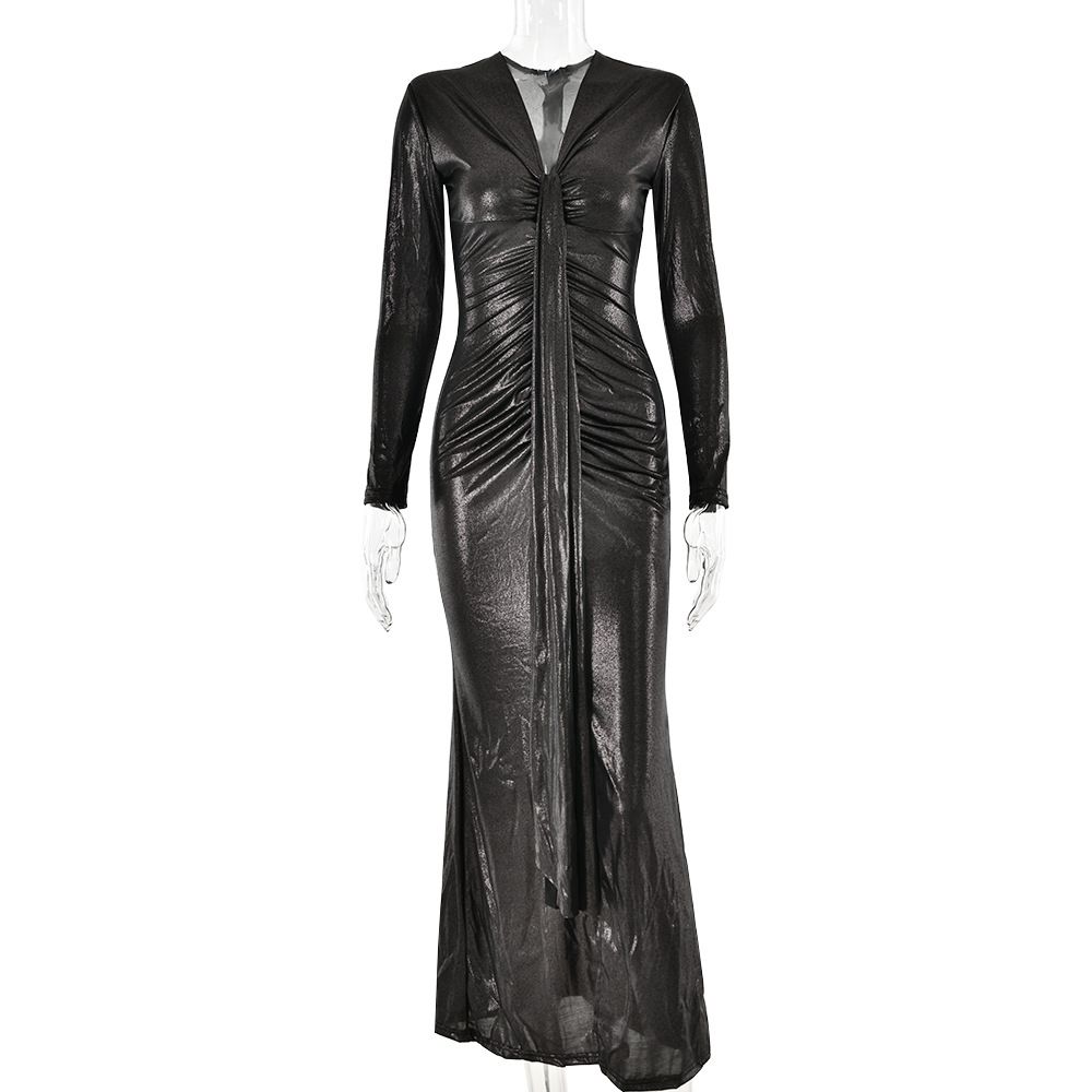 Fashion Women Deep V Neck Long Sleeve Dress Sexy Elegant Slimming Bodycon High Split Long Maxi Dress For Party Night Out_ecoleips.com