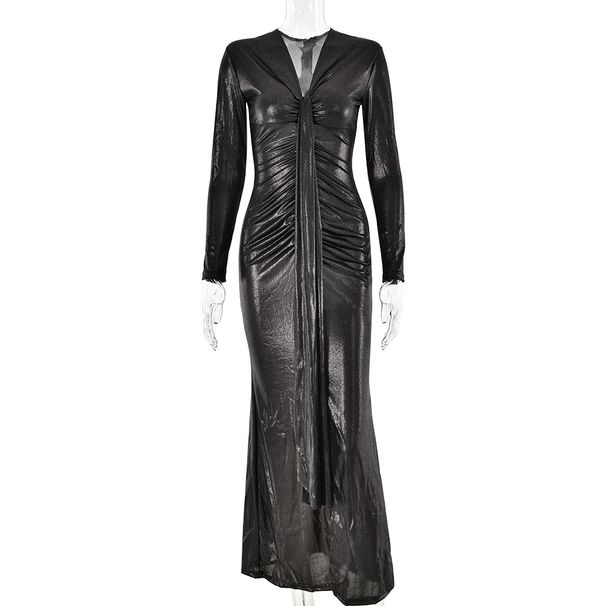Fashion Women Deep V Neck Long Sleeve Dress Sexy Elegant Slimming Bodycon High Split Long Maxi Dress For Party Night Out_ecoleips.com