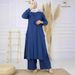 New Denim Muslim Robe Long Sleeve Solid Color Casual Plus Size Wide Leg Loose Top Fashion Two-Piece Set_ecoleips.com