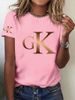 Women's Gradient Art Letter 3D Print round Neck Pullover T-Shirt Casual Elegant Fashion Short Sleeve Top for Summer_ecoleips.com