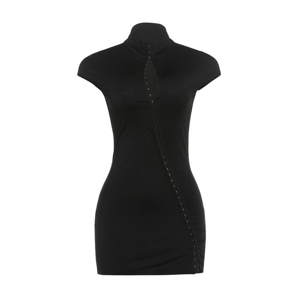 Sexy Bodycon Mini Dress With Stand Collar - Stretchy Ribbed Fabric, Slim Fit Short Sleeve Tops For Women, Clubwear, Street Style, Casual Chic_ecoleips.com