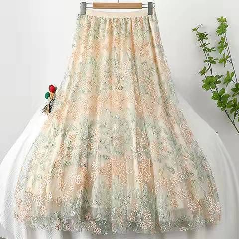 Heavy Industry Embroidered Mesh Skirt New High Waist Skirt Women's Medium Length Swing A Line Skirt_ecoleips.com