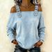 Women's Off Shoulder Long Sleeve Denim Blouse, Adjustable Strap Cold Shoulder Casual Top, Loose Fit Curved Hem Jeans Shirt For Daily Wear Streetwear,_ecoleips.com