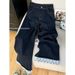 Women's High-Waisted Wide-Leg Jeans – Contrast Cuff & Letter Embroidery, Relaxed Fit Dark Blue Denim Pants (XS-3XL)_ecoleips.com