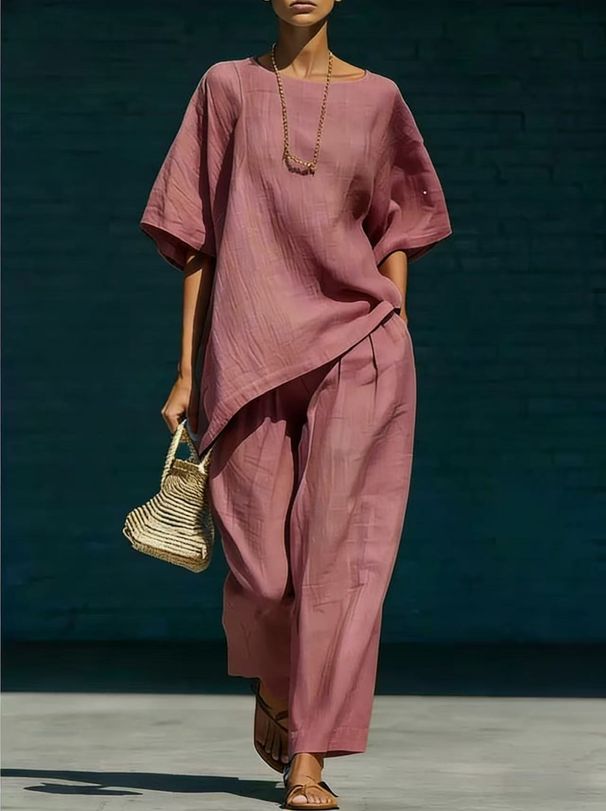 European And American Style Summer Two-Piece Set for Women Relaxed Loose Solid Color Top And Pants Ensemble_ecoleips.com