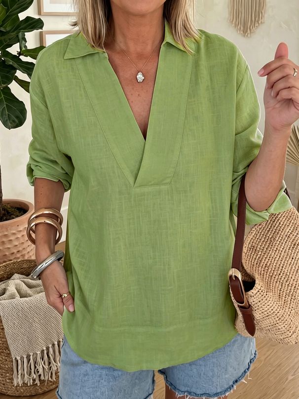 Women's V Neck Pullover Shirt Simple Solid Color Long Sleeved Loose Fit Cotton Linen Blend Style By European American 2026_ecoleips.com