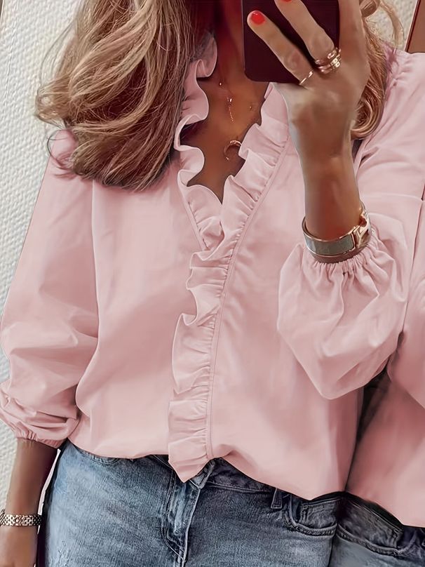 Elegant Ruffle Blouse Women's Loose Fit Long Sleeve Shirt - Casual Office Tops With Flounce Detail, Plus Size Friendly_ecoleips.com