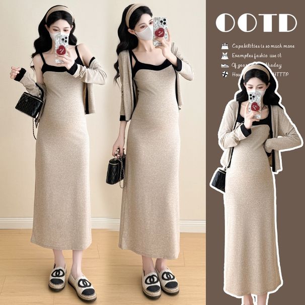 Autumn New Korean Fashion Color-Block 2-Piece Maternity Dress_ecoleips.com