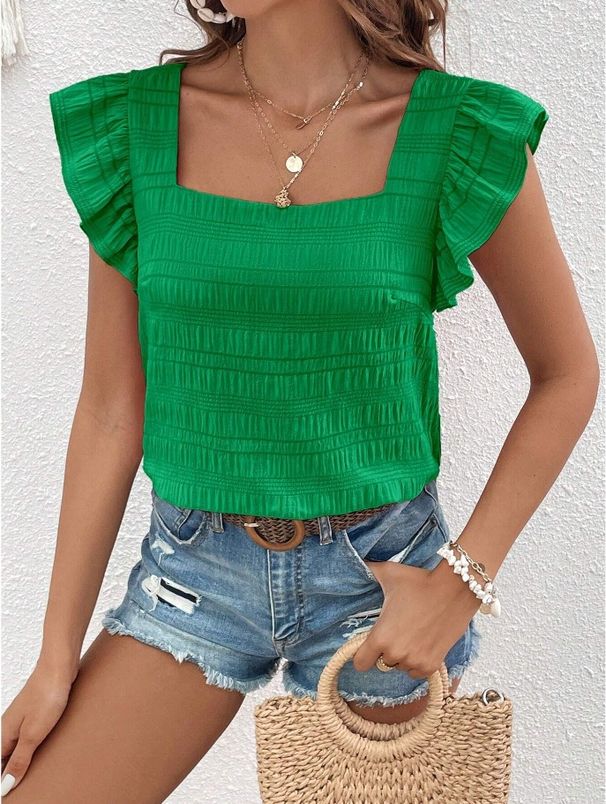 Women's Clothing Women's Square Neck Blouse With Ruffled Hem - Spring & Summer Fashion Top_ecoleips.com