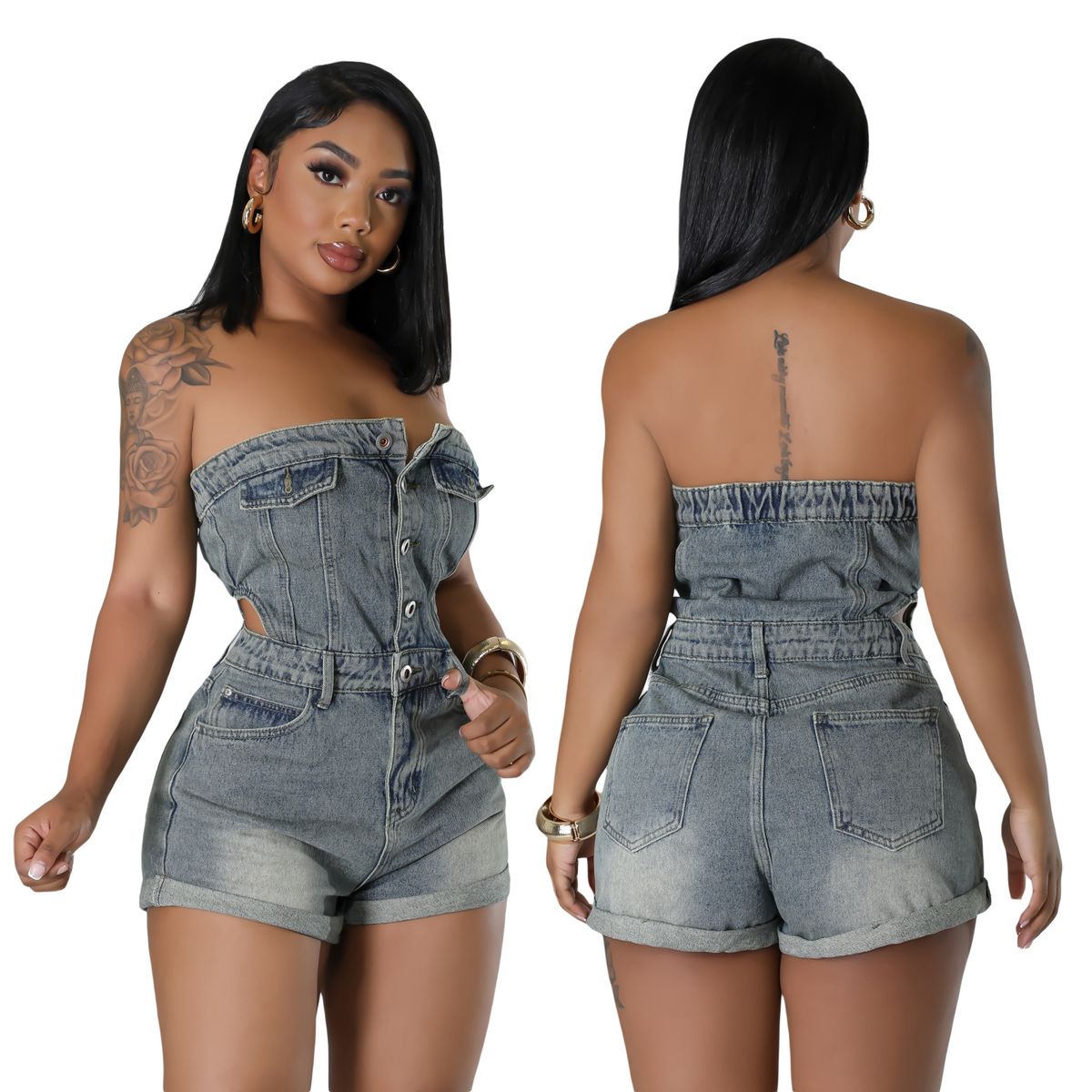 Women's Slim-Fit Denim Jumpsuit – Stretchy Tube Top Romper With Adjustable Straps (Blue-Gray, S-2XL)_ecoleips.com